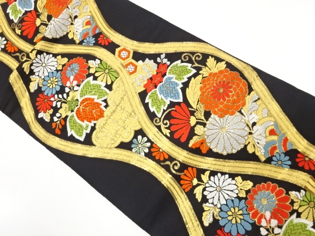 アンティーク　立涌に菊・桐模様織り出し袋帯（着用可）